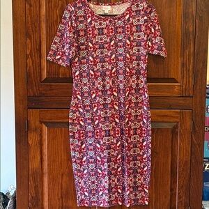 LuLaRoe Red and Blue Patterned Midi Dress